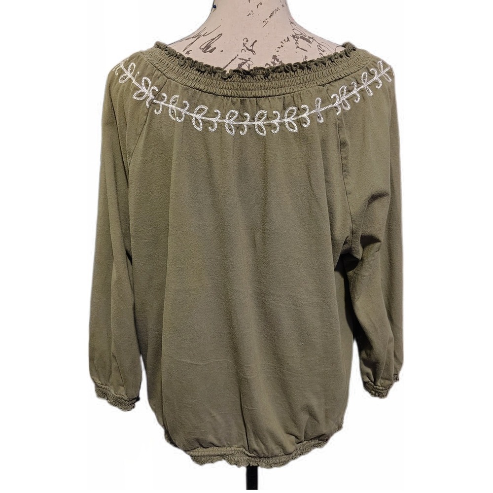Bandolino Womens Boho Olive Green Embroidered Floral Cotton Peasant Blouse XL - Picture 4 of 8